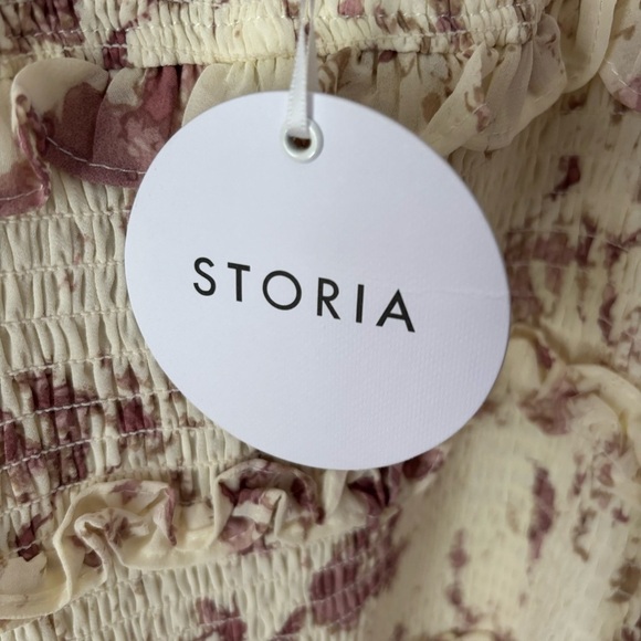 Storia Smocked Mini Dress Ruffle Cream & Pink Tie Dye Sleeveless Size Large - Picture 5 of 8